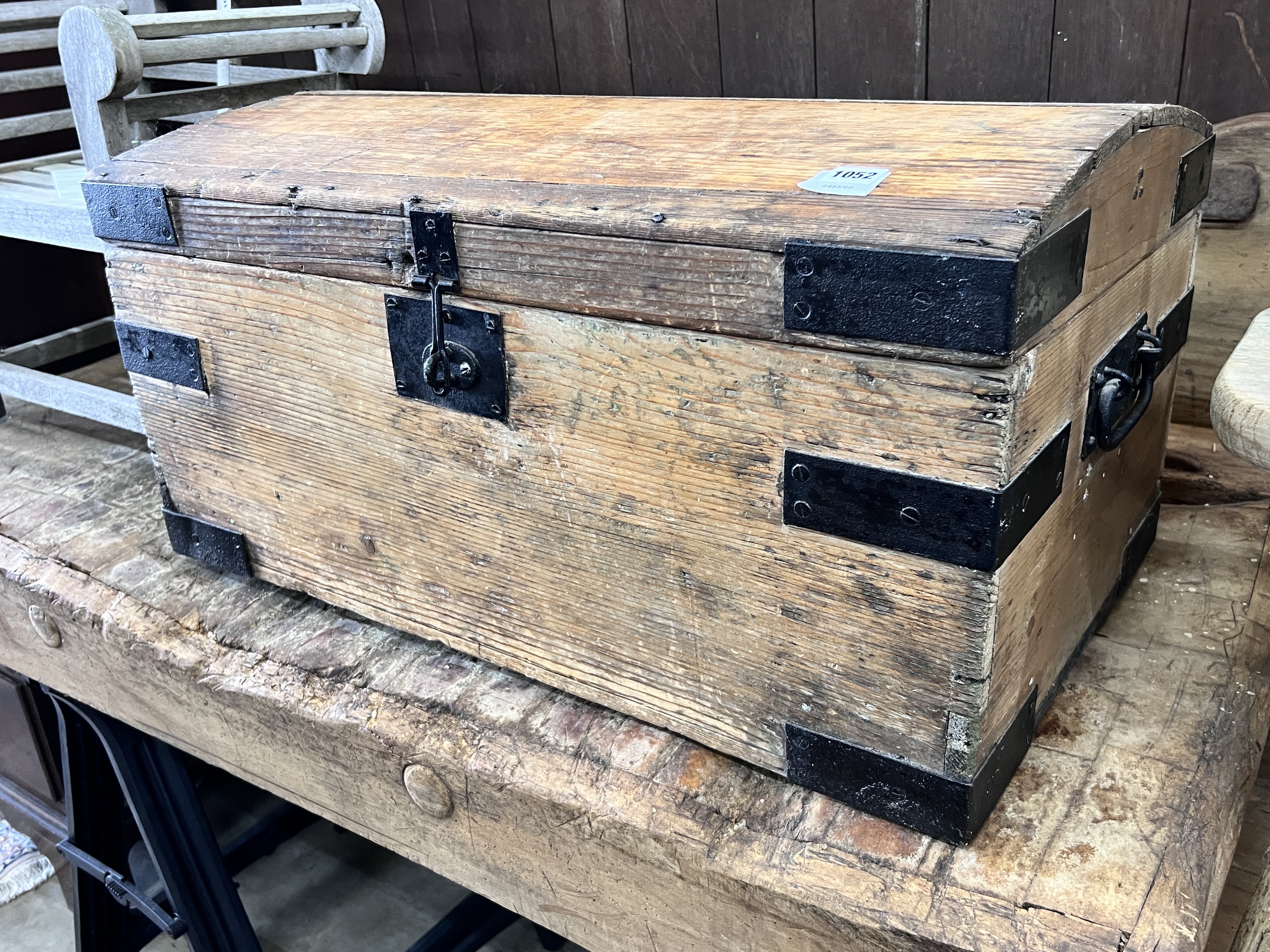 A Victorian metal bound domed pine trunk, length 77cm, width 44cm, height 38cm